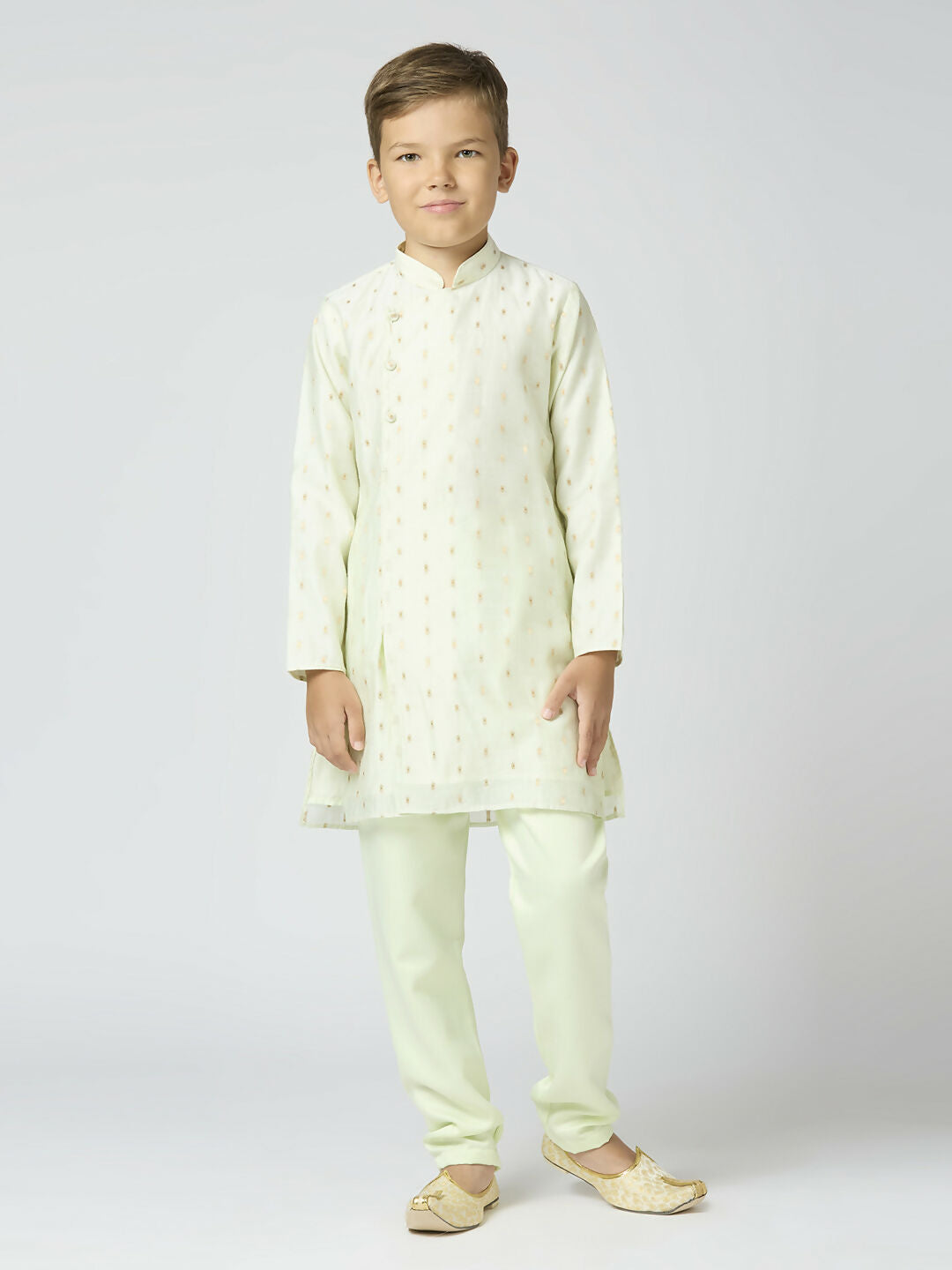Joban Fashion Kids Island Full Sleeves Chanderi Kurta, Pyjama Set with Traditional Butta Work - Pista