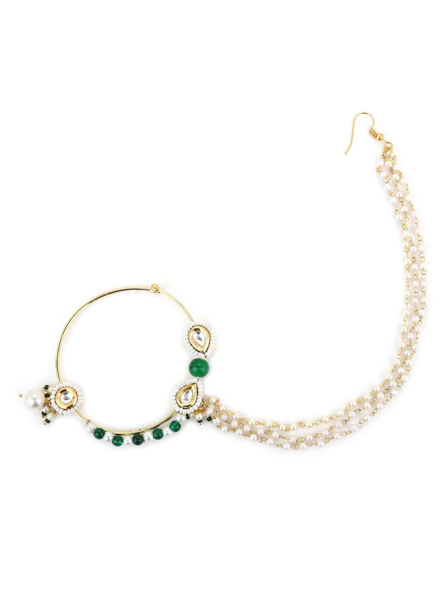 Gold-Polished White Green Kundan-Studded Pearl Beaded Nosepin - Ruby Raang