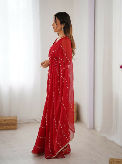 Red Sitara Chiffon Designer Beads Moti,Val Sequence Work Saree - Noorie
