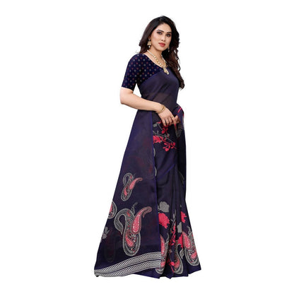 Vamika Printed Jute Silk Blue Saree (Leo Navy)