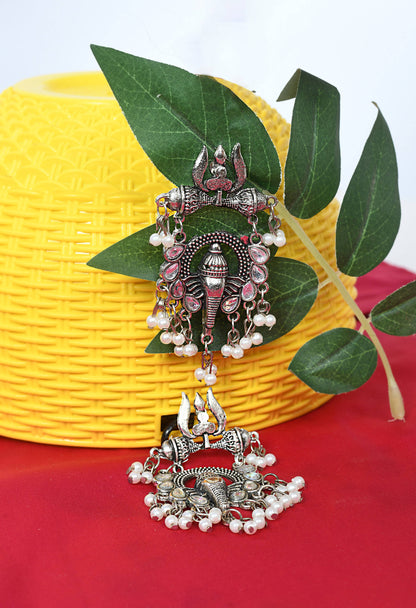 Mominos Fashion Johar Kamal Ganesh Design Silver Color Earrings