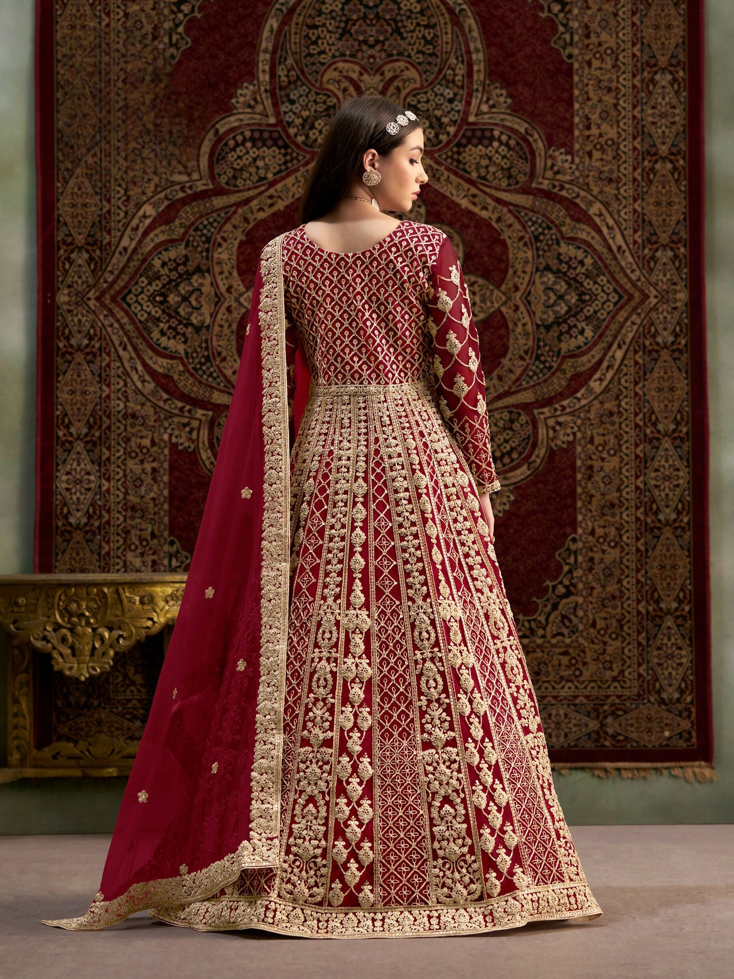 Anaita Maroon Embroidered Net Stitched Anarkali Suit