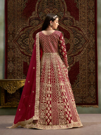 Anaita Maroon Embroidered Net Stitched Anarkali Suit