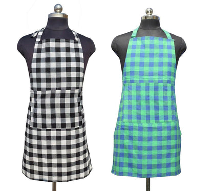 Glun Waterproof Unisex Kitchen Checkered Design Apron-Multicolour (Pack Of 2)