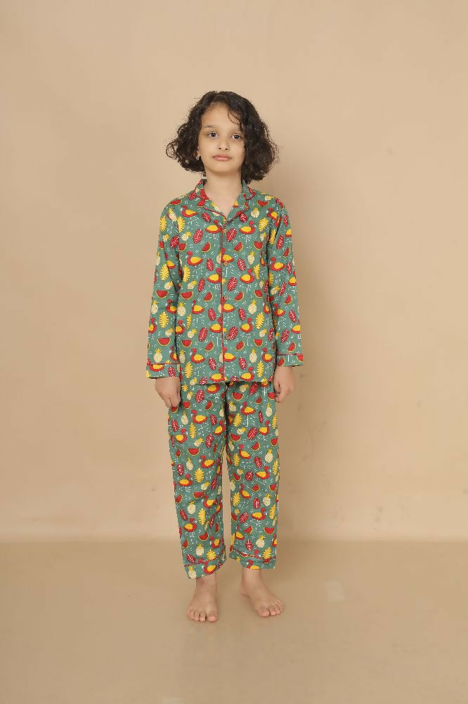 Breathables Kids Cotton Watermelon & Pineapple Print Night Suit – Green Full Sleeves Shirt & Pant Co-Ord Set | Nightwear