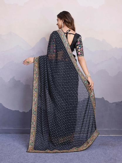 Black Georgette Bandhani Printed,Embroidery Work Saree - Surkhi