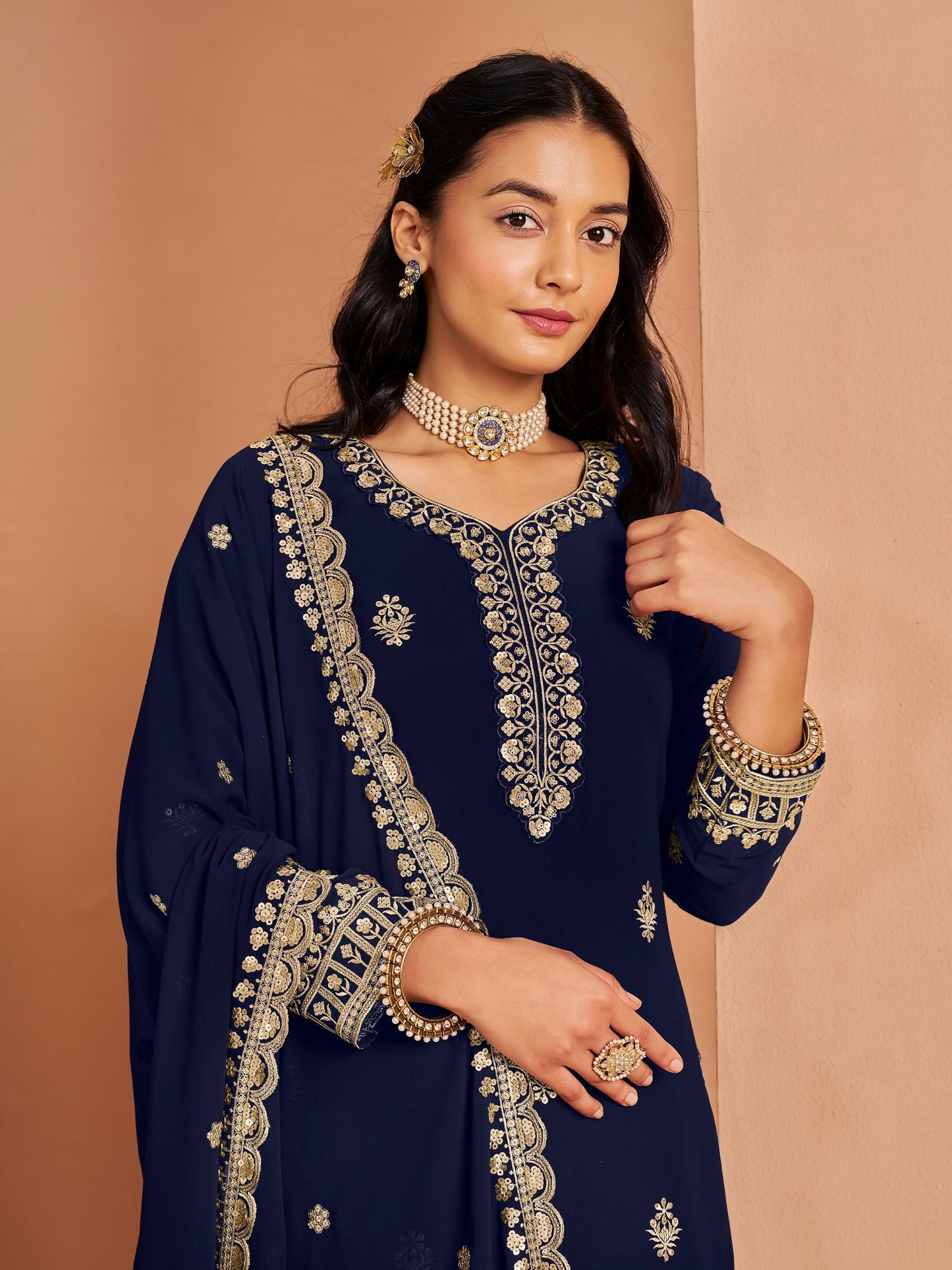 Anaita Navy Blue Premium Georgette Embroidered Stitched Salwar Suit