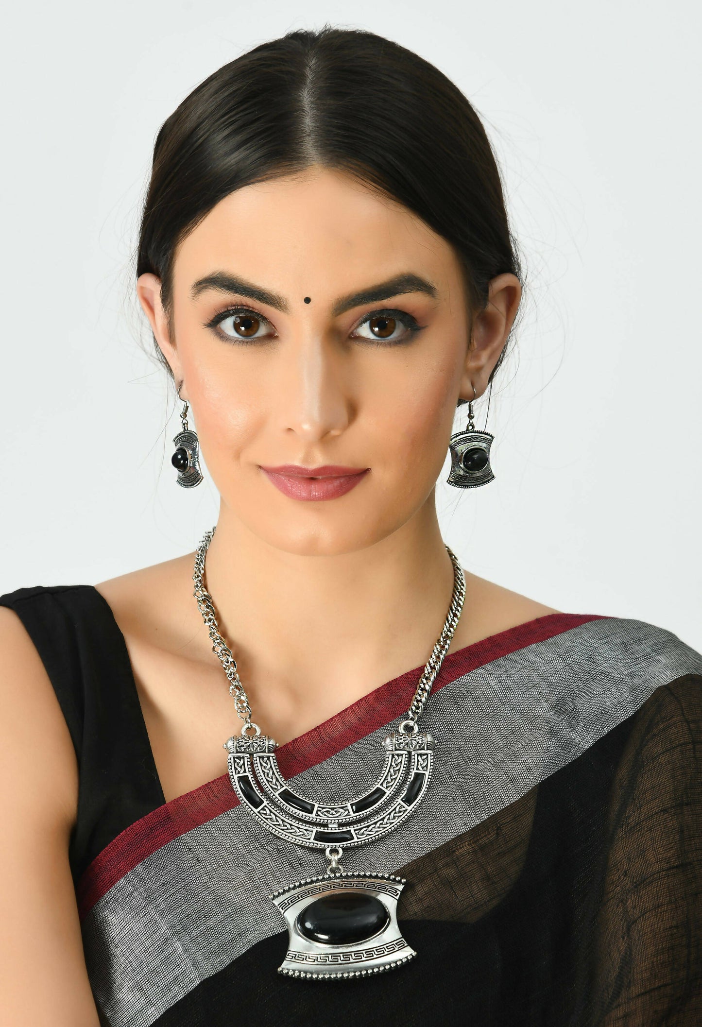 Mominos Fashion Johar Kamal Oxidised Silver-Plated Stone Work Long Necklace Handicraft