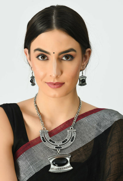 Mominos Fashion Johar Kamal Oxidised Silver-Plated Stone Work Long Necklace Handicraft