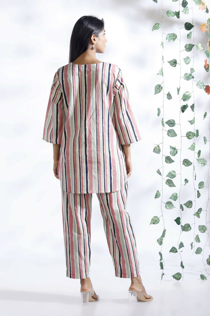 Breathables Women’S Pink Cotton Stripes Loungewear Co-Ord Set