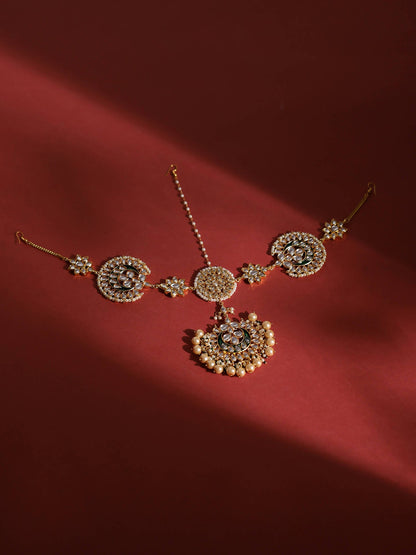 Gold-Polished White Kundan-Studded Pearl Beaded Matha Patti - Ruby Raang