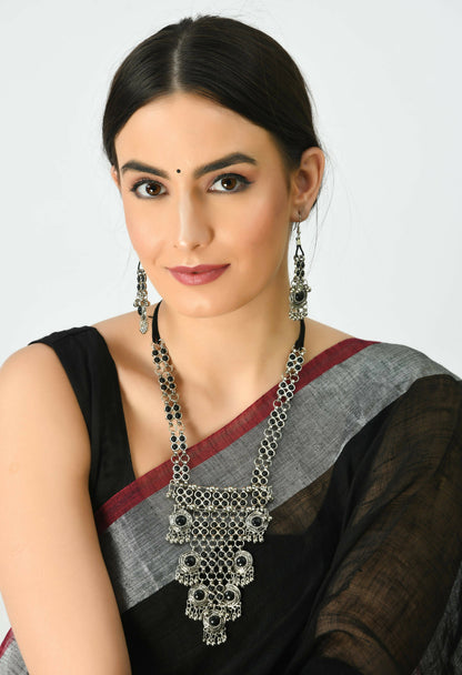 Mominos Fashion Johar Kamal Oxidised Silver-Plated Brass Finish Black Kundan Afghani Long Necklace For Women