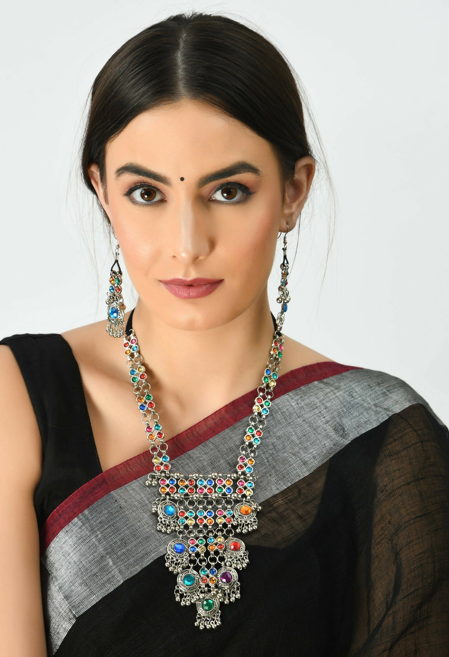 Mominos Fashion Johar Kamal Oxidised Silver-Plated Brass Finish Multi Kundan Afghani Long Necklace For Women