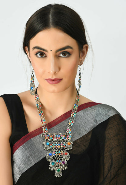 Mominos Fashion Johar Kamal Oxidised Silver-Plated Brass Finish Multi Kundan Afghani Long Necklace For Women