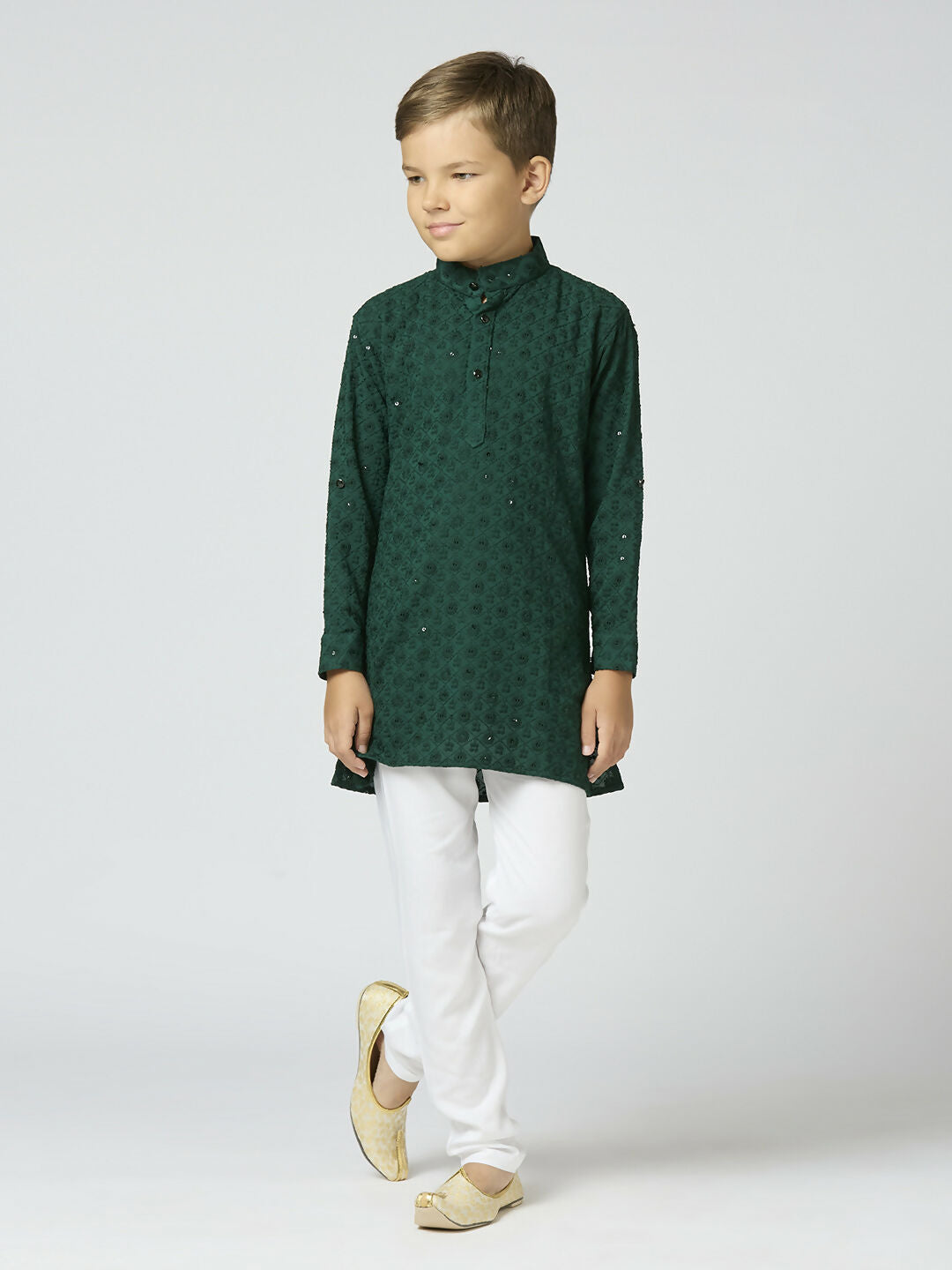 Joban Fashion Kids Island Full Sleeves Cotton Kurta and Pyjama Set with Sequin work - Green