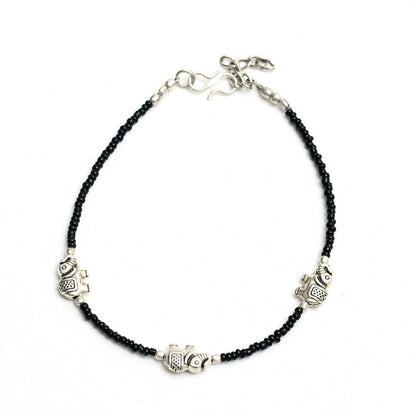 Mominos Fashion Kamal Johar Oxidised Elephant Design Silver/Black Anklets