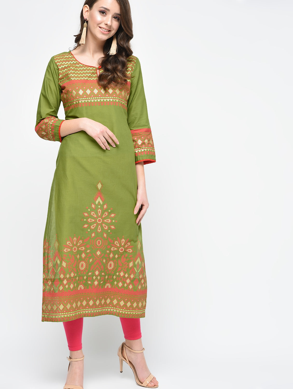 Cheera Hand Block Print Olive green Color Straight Kurta