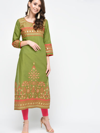 Cheera Hand Block Print Olive green Color Straight Kurta