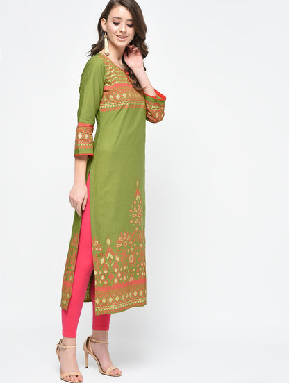 Cheera Hand Block Print Olive green Color Straight Kurta