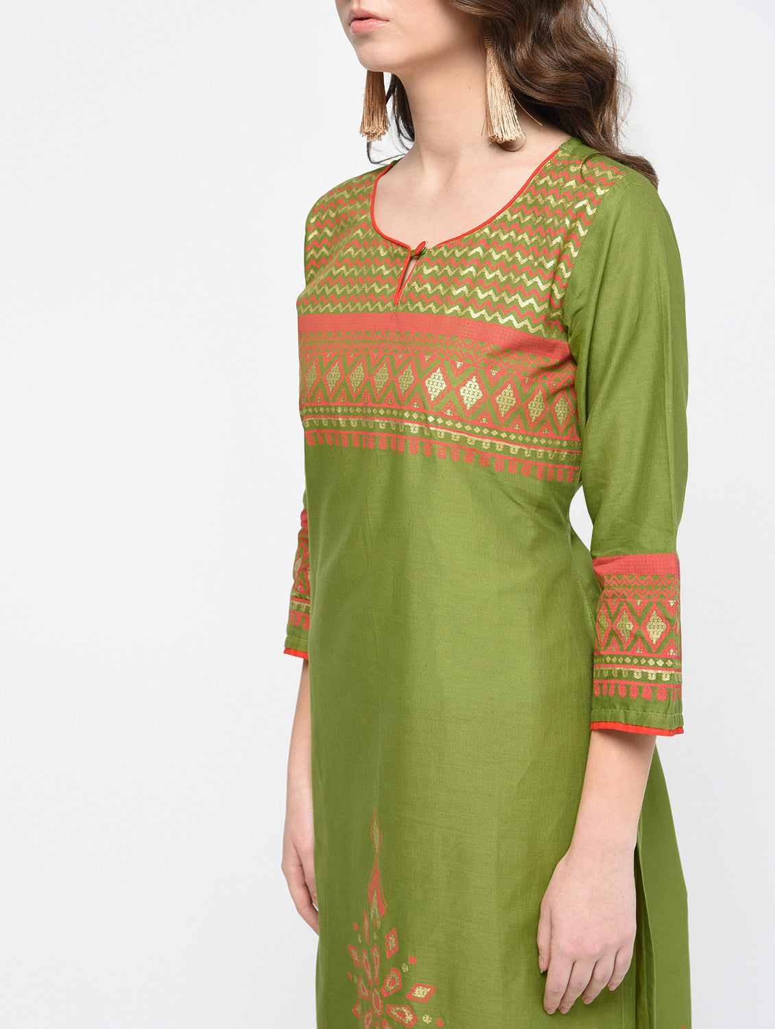 Cheera Hand Block Print Olive green Color Straight Kurta