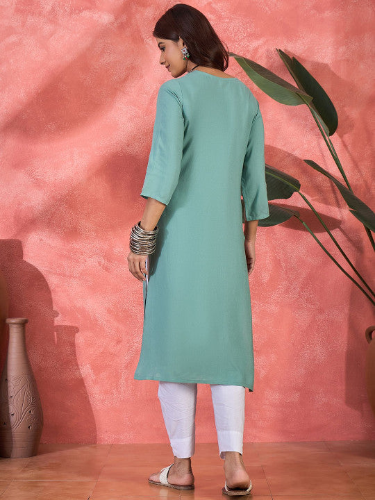 Sangria Floral Embroidered Round Neck Straight Kurta