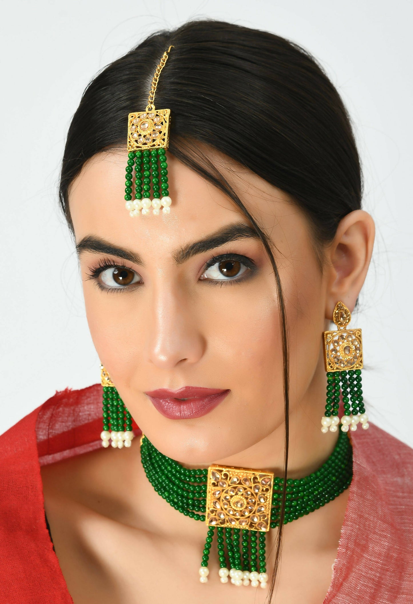 Mominos Fashion Johar Kamal Gold-Polished Kundan & Pearls Necklace Green/Golden Color Choker Set