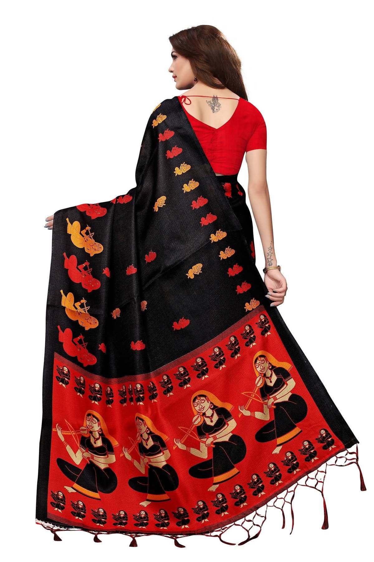 Vamika Black & Red Kalamkari With Jhalar Khadi Silk Saree