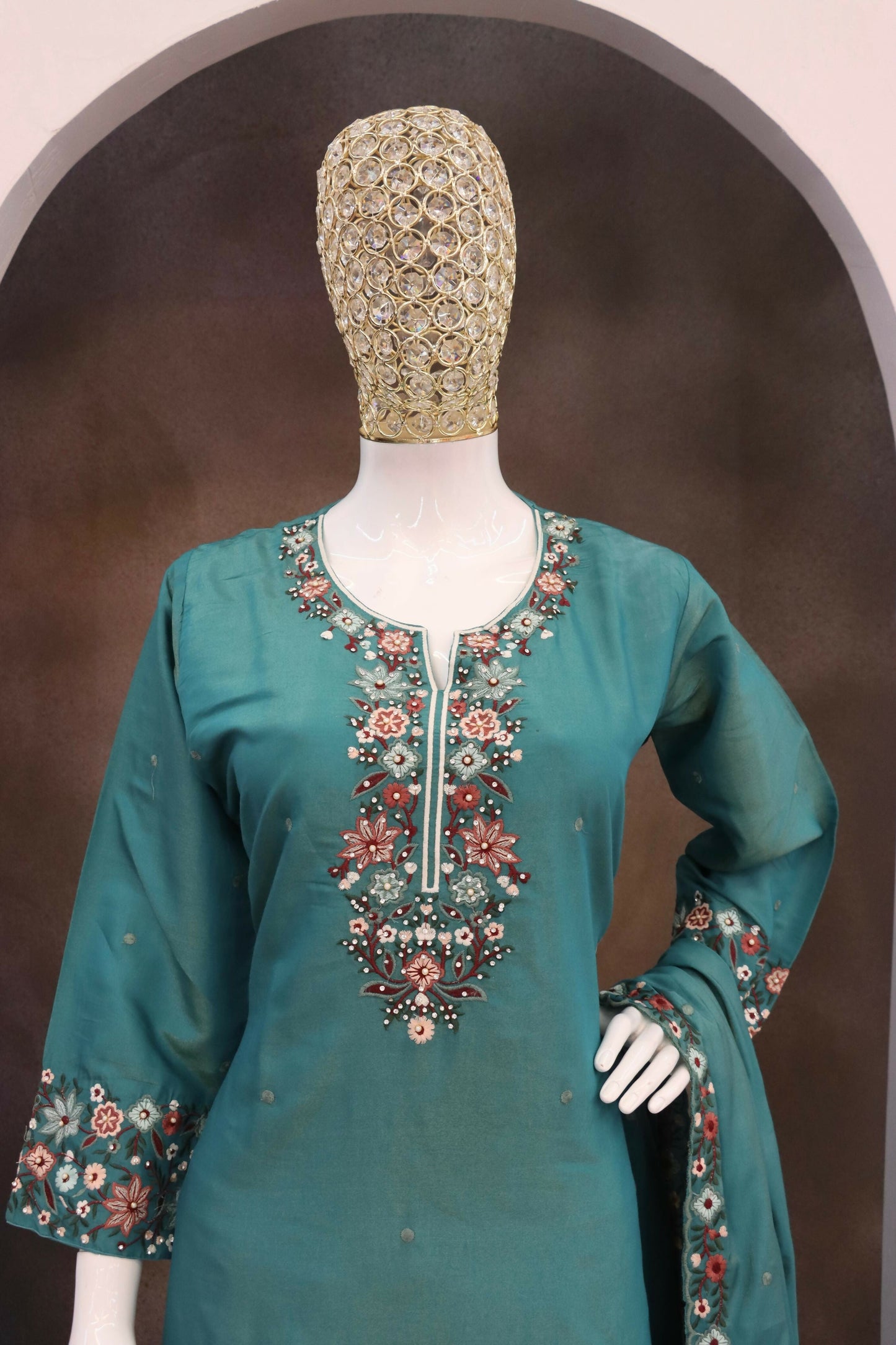 Anaita Turquoise Simar with Embroidery Multi & Zarkhan Work Readymade Palazzo suit