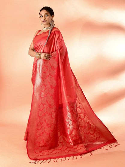 Joban Fashion Peach & Red Plain With Weaving Border Banarasi Silk Sarees