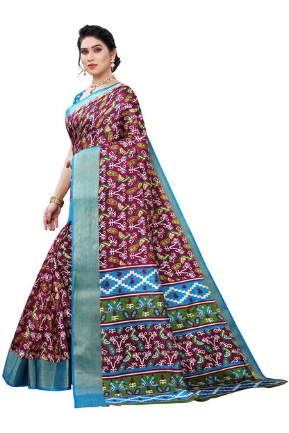 Vamika Purple and Blue Linen Jari Border Saree Online At Low Price