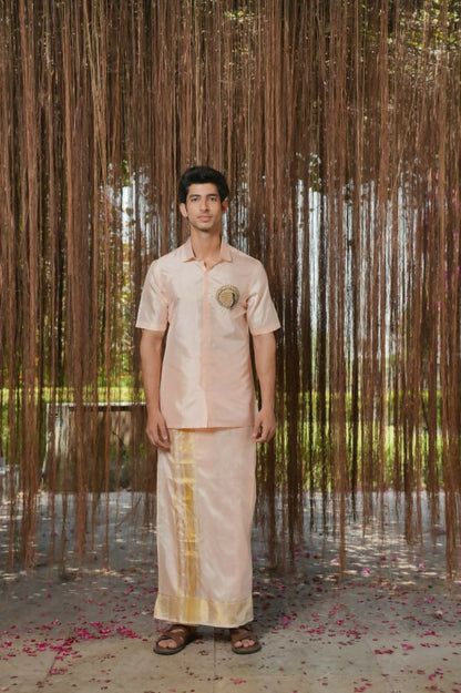 Light Pink Kanjivaram Machien Embroidered Pattu Set by Hilo Design