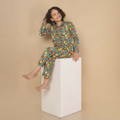 Breathables Kids Cotton Watermelon & Pineapple Print Night Suit – Green Full Sleeves Shirt & Pant Co-Ord Set | Nightwear